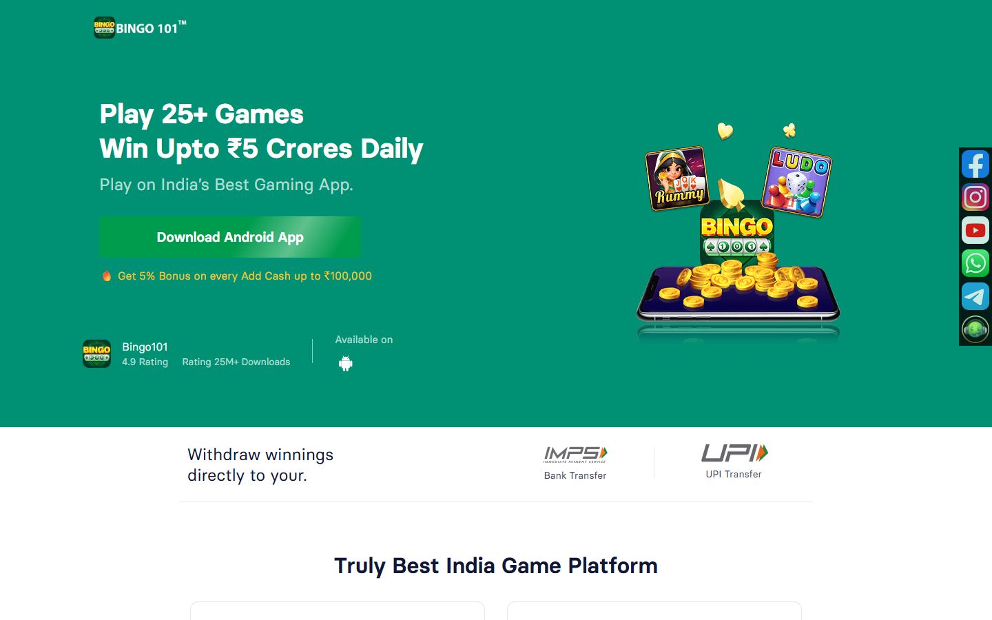 Página inicial do Bingo101, site de afiliado de jogos, com topo verde e botão de download