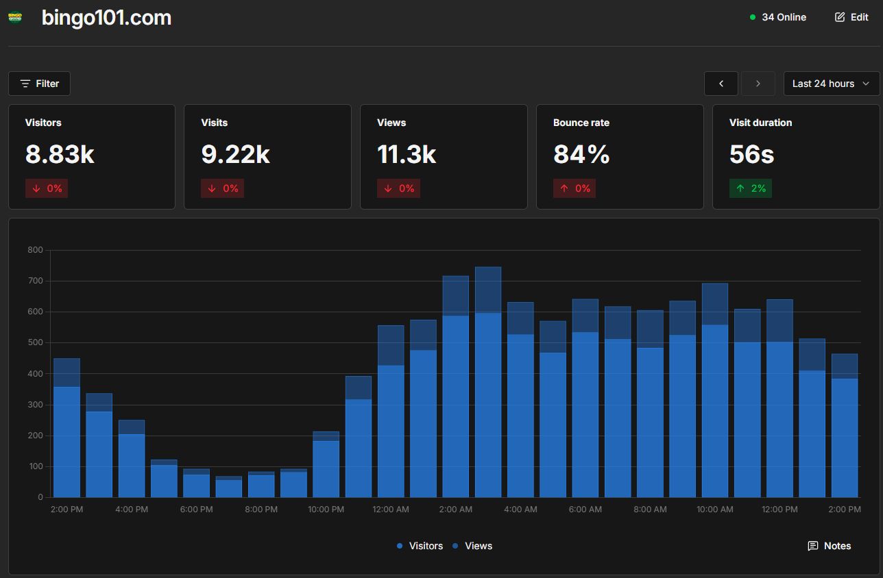 Painel de analytics do bingo101.com: 8,83 mil visitantes, 9,22 mil visitas e 11,3 mil visualizações em 24 horas