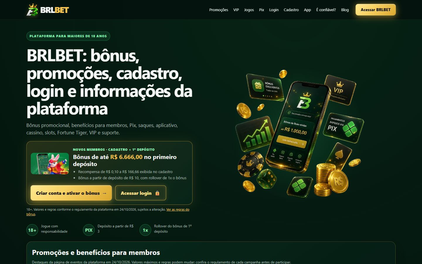 BRLBET betting affiliate website home page, with a dark green hero and bonus details