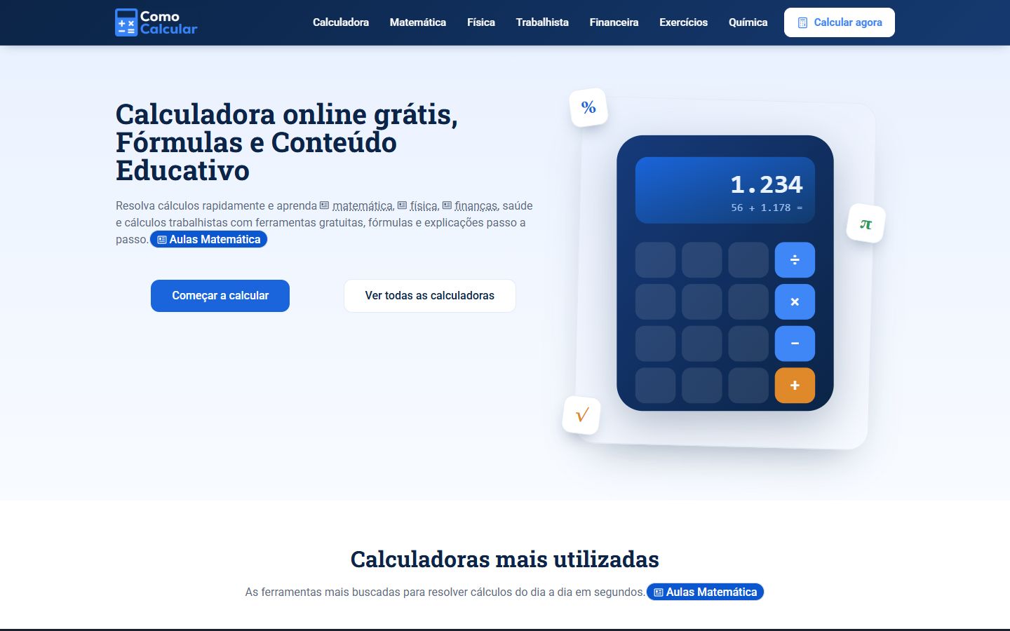 Página inicial do Como Calcular, site de calculadoras online, com ilustração de uma calculadora azul