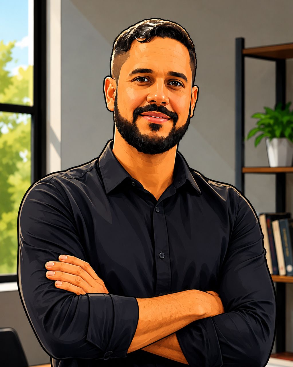 Retrato ilustrado de Lucas Lima, especialista em SEO da Vetor Media, de camisa preta e braços cruzados