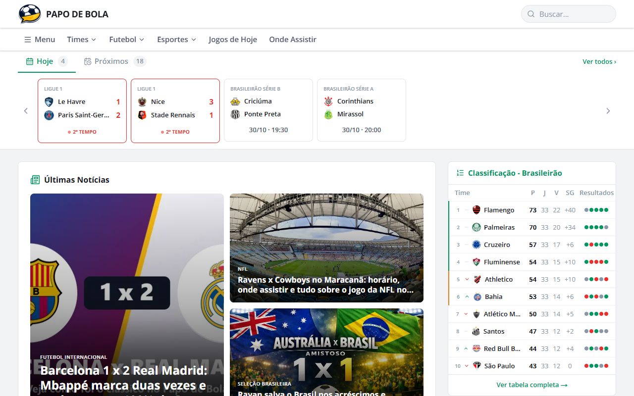 Site Papo de Bola aberto em um notebook, com jogos e notícias de futebol