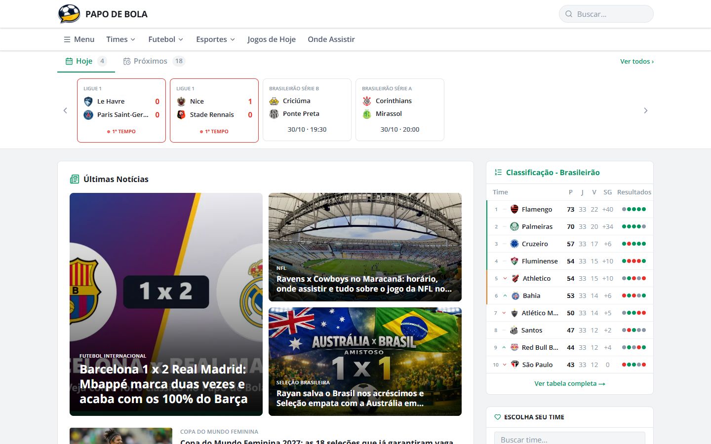 Página inicial do Papo de Bola, portal de futebol com jogos ao vivo, notícias e tabela de classificação