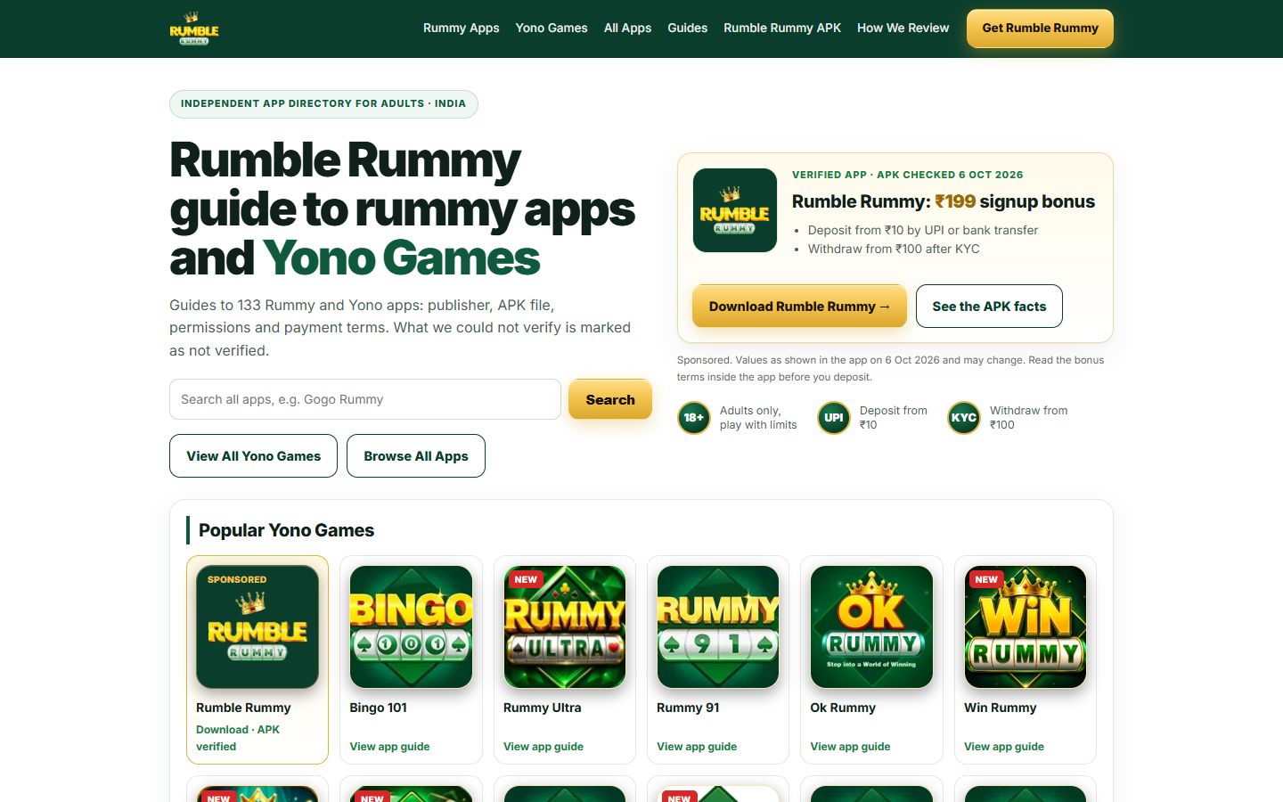 Página inicial do Rumble Rummy, site de afiliado de jogos, com guia de apps, busca e cards de aplicativos
