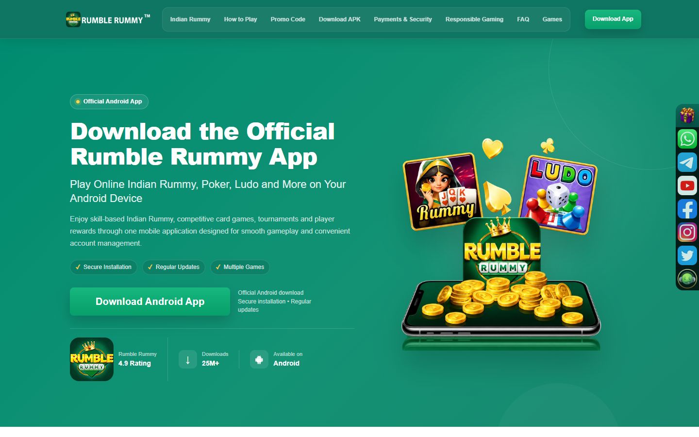 Rumble Rummy X gaming affiliate website home page, with a green hero and a download button