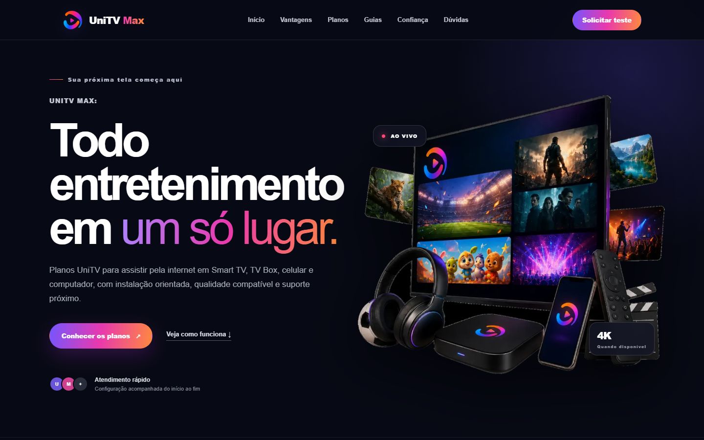 UniTV Max IPTV sales website home page, with a dark hero and links to the plans